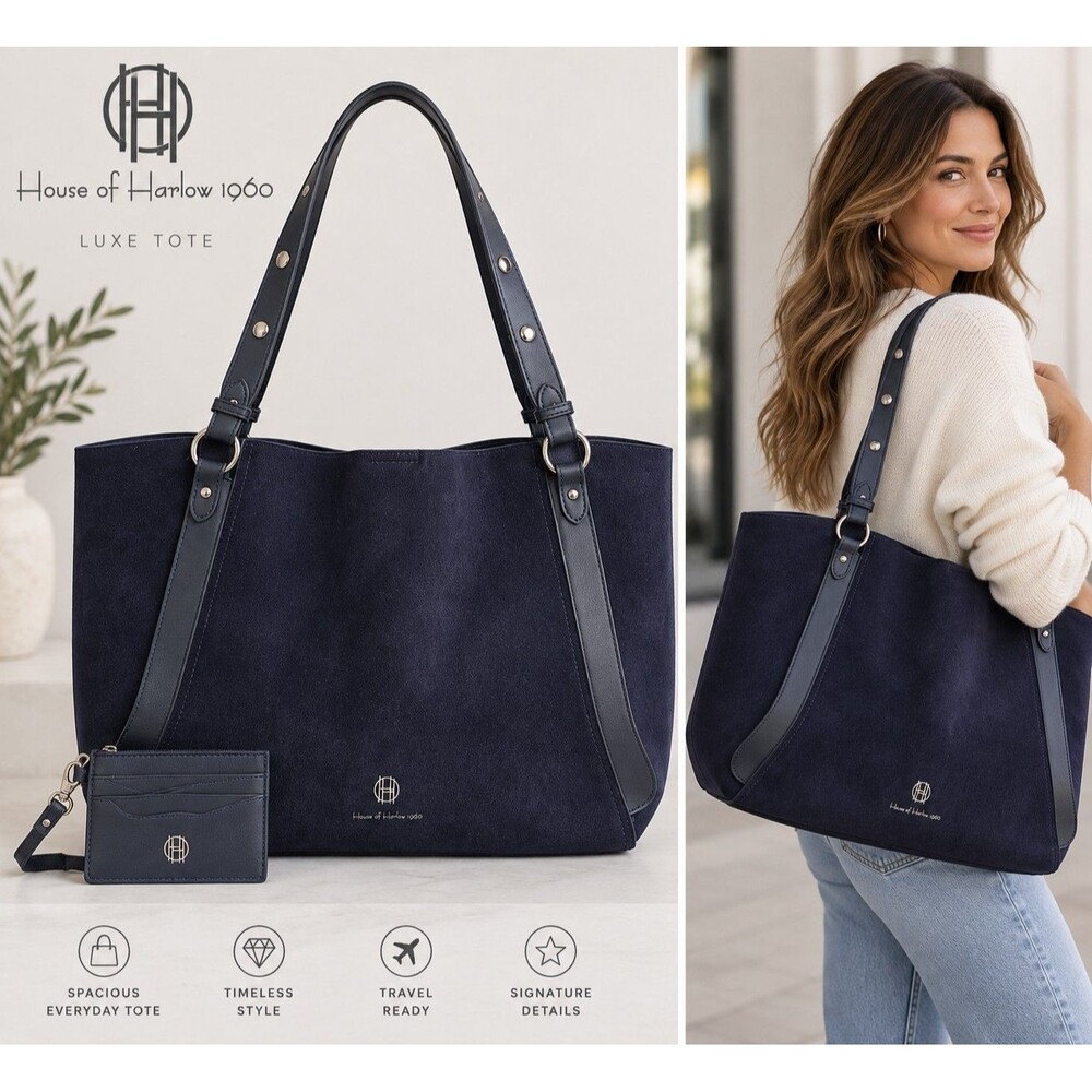 House of Harlow 1960 Navy Blue Suede Leather Trim Tassel Tote Shoulder Bag